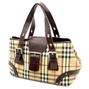 Burberry Brown Leather Harmarket Nova Check Coated Canvas Small Buckle Tote Bag‎